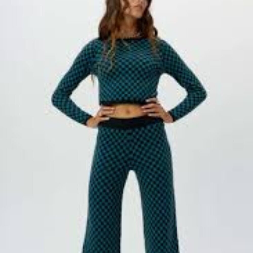 Daydreamer LA Teal Green Black Checkered Pullover Long Sleeve Sweater XL NWT